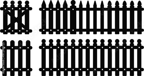 Wooden fence silhouettes set, garden picket fence collection for outdoor and landscape design