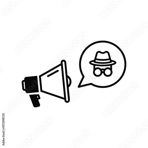 Minimalist black and white vector icon of a megaphone broadcasting an anonymous spy figure in a speech bubble, symbolizing whistleblowing, private reporting, and secure communication.