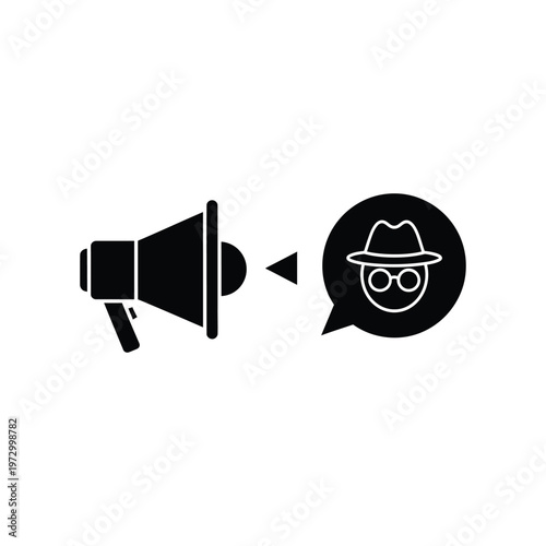 Minimalist black icon of a megaphone broadcasting an anonymous figure in a speech bubble, symbolizing whistleblowing, privacy alerts, and secure communication.