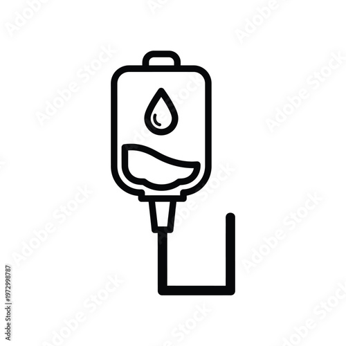 Minimalist black line icon of a medical IV drip bag providing essential saline solution for patient recovery and hospital treatment.