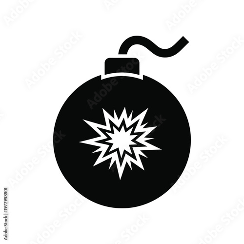 Minimalist black bomb icon with a fuse and central explosion spark symbol isolated on white background for warning signs and gaming interfaces