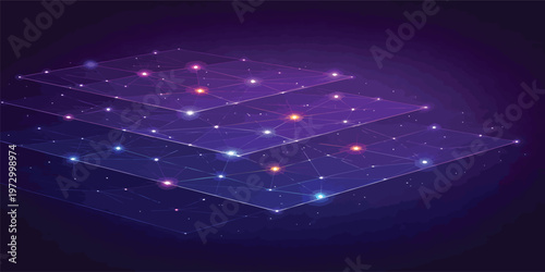 Abstract Technology Communication Background with Bright Connected Nodes and three layerd Neon Particle Flow