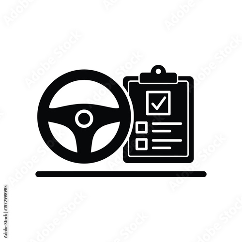 Steering wheel and clipboard checklist icon representing a driving test evaluation, vehicle safety inspection, or automotive maintenance audit.