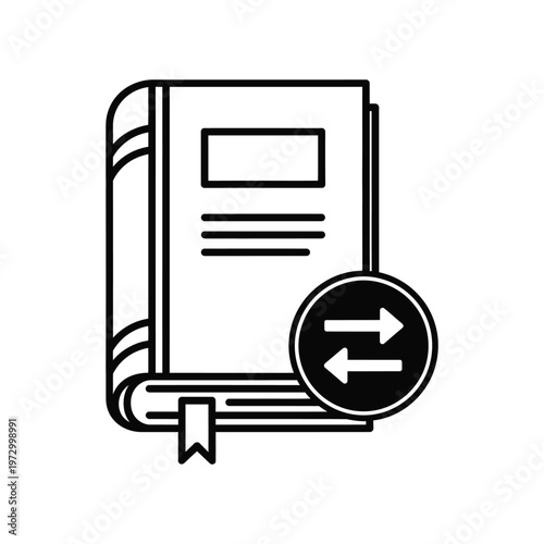 Minimalist line icon of a book with exchange arrows representing language translation, global literature sharing, and educational resource transfer for digital learning platforms.