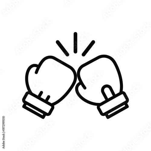 Minimalist black line icon of two boxing gloves clashing together representing competition, sportsmanship, and business rivalry on a white background.