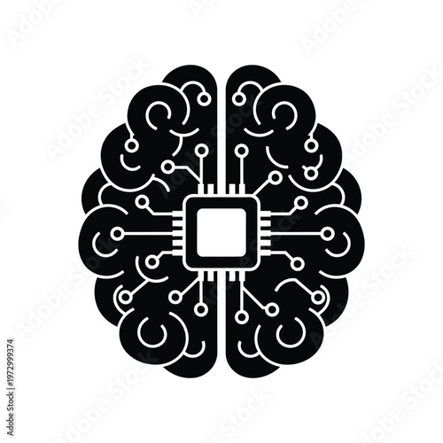 Artificial intelligence concept featuring a human brain silhouette integrated with a central microchip and digital circuit lines representing machine learning and cognitive computing.