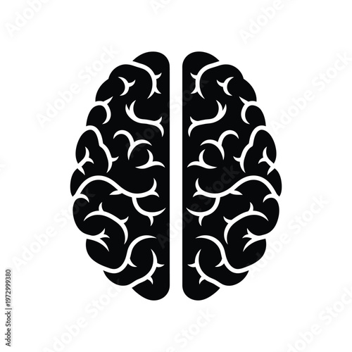 Symmetrical black human brain silhouette icon representing cognitive function, mental health awareness, and creative intelligence for medical or educational branding.