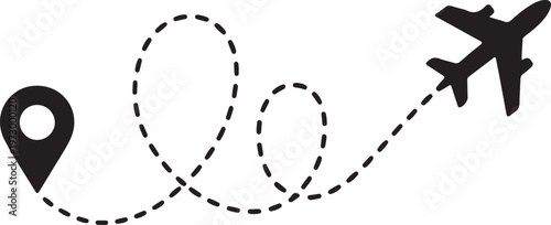 Airplane dotted route line the way airplane. Set. Flying with a dashed line from the starting point and along the path