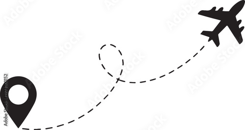Airplane dotted route line the way airplane. Set. Flying with a dashed line from the starting point and along the path