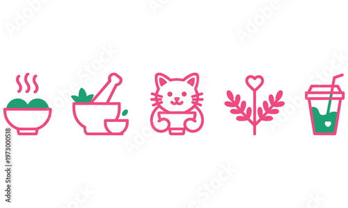 Vector illustration of cute pink and green icons including a steaming bowl, mortar and pestle, cat flexing, plant with heart, and coffee cup