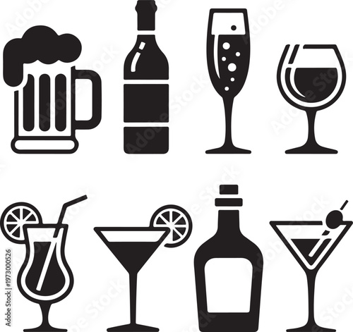 Alcohol drinks beverage icons set silhouette