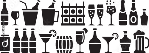 Alcoholic drinks icon vector set. Alcohol illustration symbol collection. Glass, bottle, barrel sign or logo.
