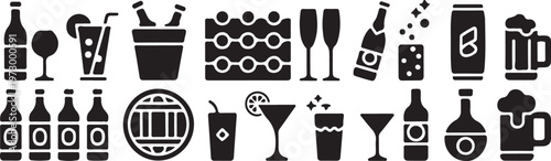 Alcoholic drinks icon vector set. Alcohol illustration symbol collection. Glass, bottle, barrel sign or logo.