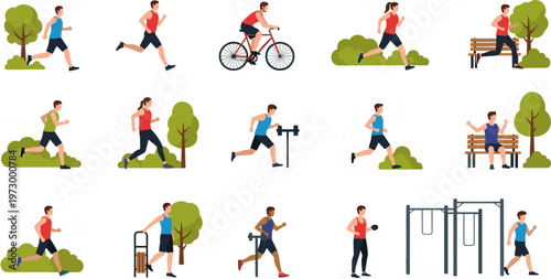 Healthy Lifestyle and Outdoor Fitness Set Featuring Running Cycling Yoga Hiking and Exercise Activities People Vector Illustration Collection