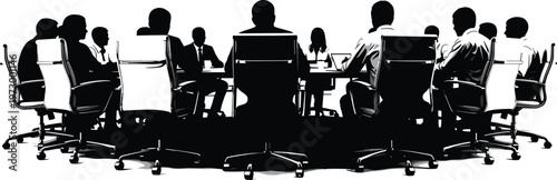 Black and white vector silhouette of business people sitting at conference table in office meeting room during professional corporate seminar or workshop