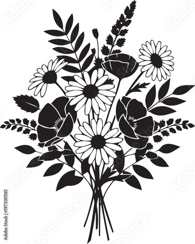 Wildflower bouquet illustration with various daisies poppies and leaves in minimalist black silhouette style for natural design.