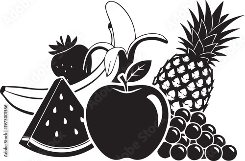 Assorted fruit still life silhouette isolated on transparent background.