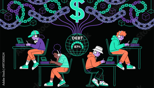 A vector graphic illustration of four people sitting at desks with laptops, surrounded by chains and a dollar sign, representing debt and financial struggle.