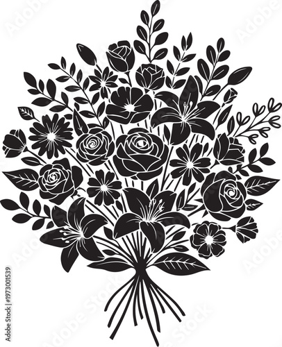 Elegant black silhouette bouquet of blooming flowers and leaves on transparent background, detailed floral design for graphic art and decoration.
