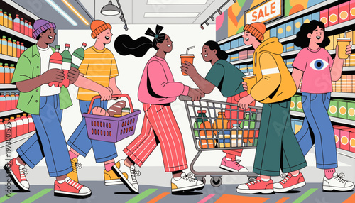 A colorful illustration of diverse people shopping and socializing in a grocery store aisle with a sale sign