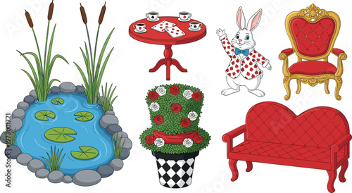 Alice in Wonderland Inspired Fantasy Elements Collection Featuring White Rabbit Tea Table Throne Chair Garden Pond and Decorative Furniture Illustrations