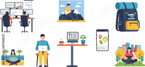 Remote Work and Digital Nomad Lifestyle Set Featuring Freelancers Working Online Travel Backpack Laptop and Outdoor Work Scenes Vector Illustration