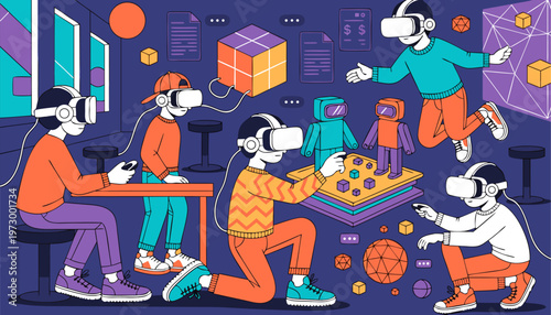 A group of people wearing virtual reality headsets and interacting with colorful 3D objects in a modern room