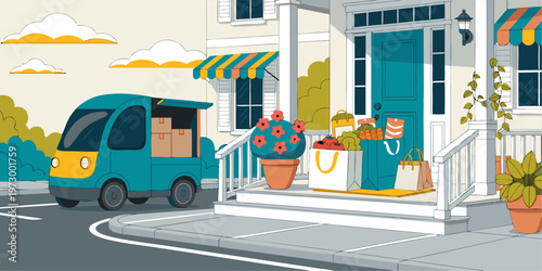 A colorful vector graphic of a delivery truck parked at a house with packages on the porch