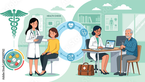 Comprehensive medical healthcare concept illustration featuring professional doctors conducting health checks for diverse patients with clinical symbols and digital treatment record icons