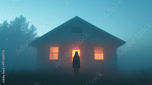 Woman Standing Outside a House at Night