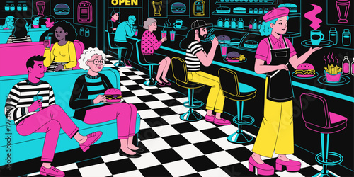 A vibrant illustration of people enjoying food and drinks in a retro-style diner with a checkered floor and colorful decor.