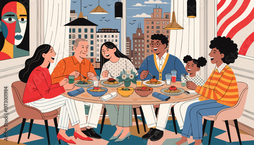 A diverse family enjoying a meal together in a modern dining room with a city view