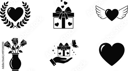 Elegant Romantic Icon Set Featuring Heart Silhouettes Laurel Wreaths Gift Boxes Roses in Vases and Angel Wings for Valentine Day and Wedding Designs