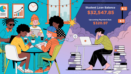 A vector graphic illustration of a split scene showing students collaborating and a stressed student dealing with loan debt