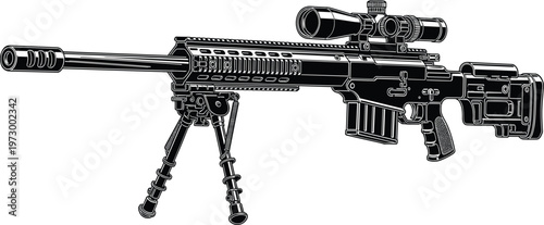 High-performance modern tactical sniper rifle illustration featuring precision optical scope, adjustable bipod, ergonomic stock, and muzzle brake for professional military or law enforcement imagery.