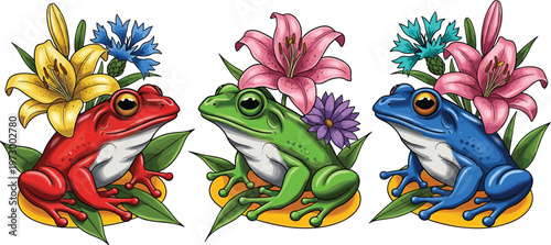 Colorful Frog and Flower Illustration Collection Featuring Red Green and Blue Cute Amphibians with Floral Decorations for Nature and Cartoon Design