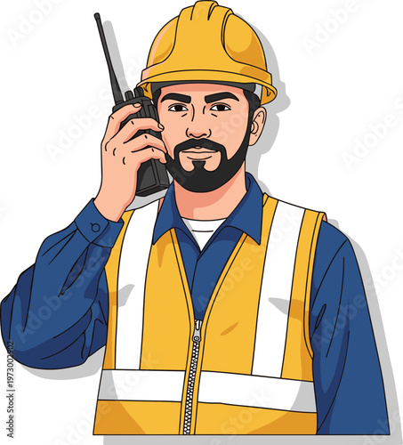 Professional Construction Worker Illustration Wearing Yellow Hard Hat and Safety Vest Using Walkie Talkie Radio for Site Communication and Industrial Management