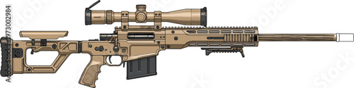 Professional Modern Sniper Rifle Illustration Featuring Desert Tan Camouflage High Precision Optical Scope and Tactical Design Isolated on White Background for Military Graphics
