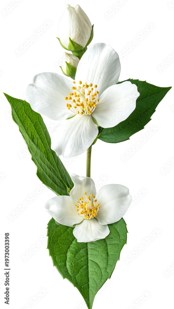 Obraz premium A white flower with yellow stamens and green leaves on a stem (2)
