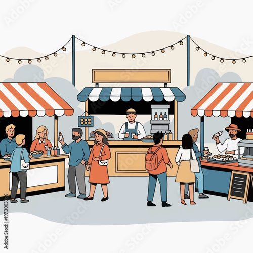 Group of people browsing food stalls at a lively outdoor street market vector illustration design