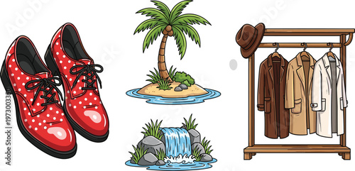 Fashion and Nature Elements Collection Featuring Polka Dot Shoes Tropical Island Waterfall and Clothing Rack with Stylish Outfits Illustration Set