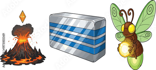 Fantasy and Game Asset Elements Collection Featuring Volcano Eruption Crystal Metal Block and Glowing Firefly Insect for Creative Illustration Design