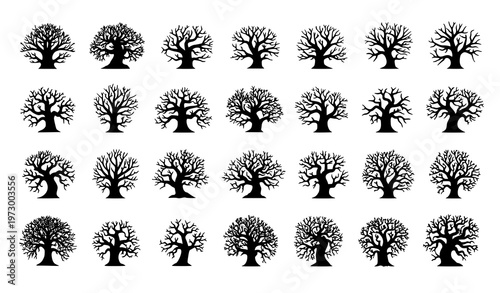 Dead tree silhouette set with spooky leafless branches for Halloween creepy forest vector collection