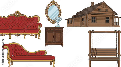 Luxury Vintage Furniture and Rustic House Collection Featuring Ornate Sofa Chaise Lounge Mirror Cabinet Wooden Cabin and Garden Swing Illustration Set