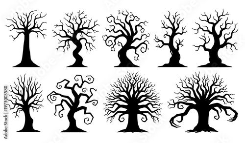 Creepy dead tree silhouettes collection with twisted branches and scary shapes for Halloween vector design