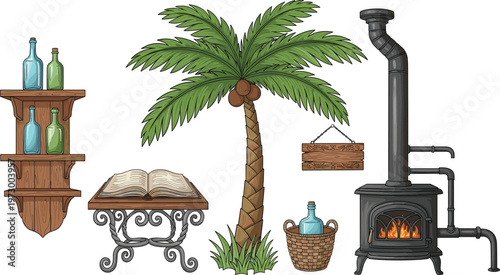 Rustic Vintage Objects Collection Featuring Palm Tree Wooden Shelf Glass Bottles Open Book Basket and Antique Stove for Interior Decor Illustration Design