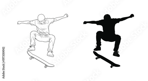 Dynamic vector illustration captures a skateboarder performing an impressive aerial ollie trick.