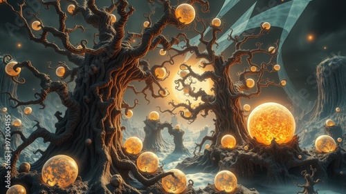 Mystical glowing tree roots with floating orbs in surreal fantasy forest at dusk