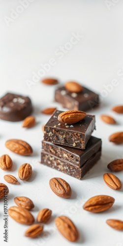 Dark chocolate bars with almonds on white background