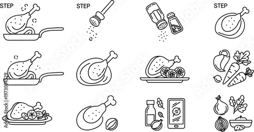 Chicken cooking process line icons set with step by step recipe preparation ingredients and kitchen outline vector illustration